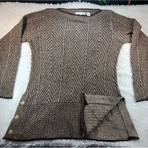 Herringbone Bodycon Knit Sweater Brown Boat Neck Accent Buttons Women's L Cotton - Picture 5 of 8